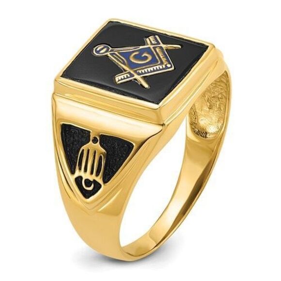 10k Men's Polished, Antiqued and Textured Onyx Masonic Ring - Picture 6 of 9